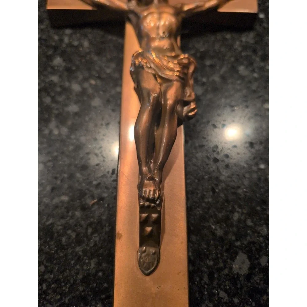 Vintage Parsons Crucifix Casket Topper Copper Color Metal Curved 12